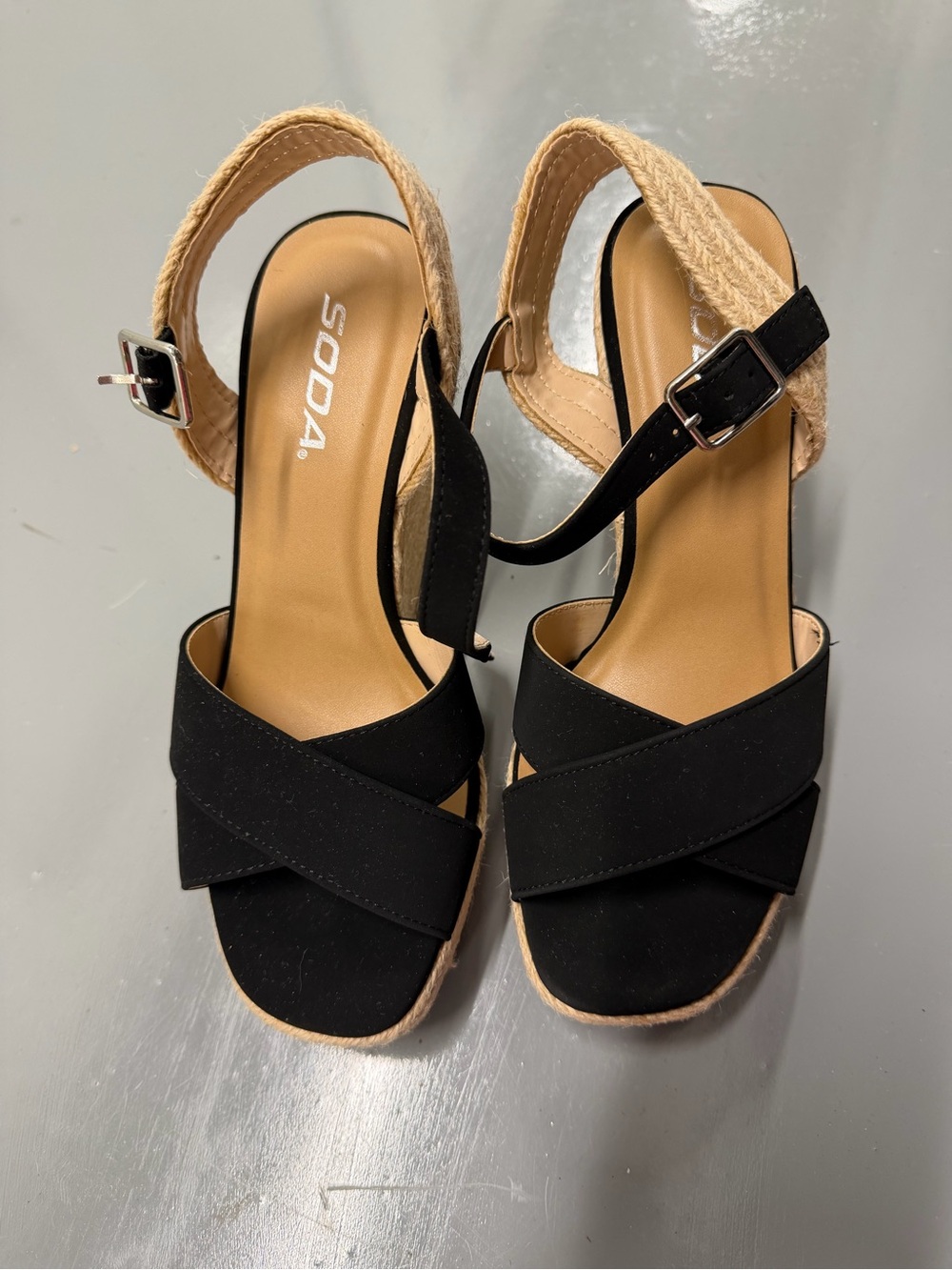 Soda Black Wedge Sandals with Natural Espadrille Heel